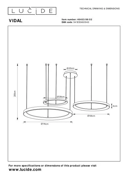 Lucide VIDAL - Pendant light - Ø 78 cm - LED Dim. - 1x120W 2700K - Matt Gold / Brass - technical